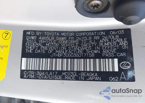 2003 Lexus Es 300 z USA, uszkodzony, nr VIN JTHBF30G036017158